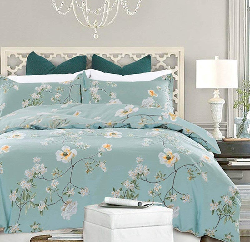 Nanko King Duvet Cover Set 3 Pieces 104X90 Size (1 Duvet Cover + 2 Pillow Shams) - Green Floral Printed -Soft Lightweight Luxury Microfiber - Teal Flower Comforter Cover - Image 1